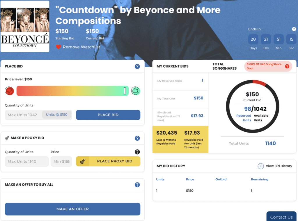 Depicts a SongShare VIP Auction listing from the SongVest website. The artist, bid, and music royalty earnings per share are displayed.