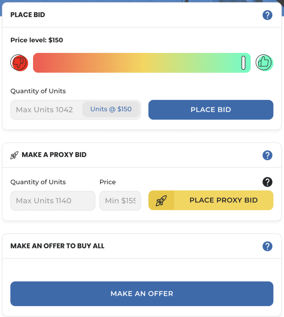 Depicts the part of the SongShares listing used for making bids. It also shows the "safety" position of the bid relative to others.