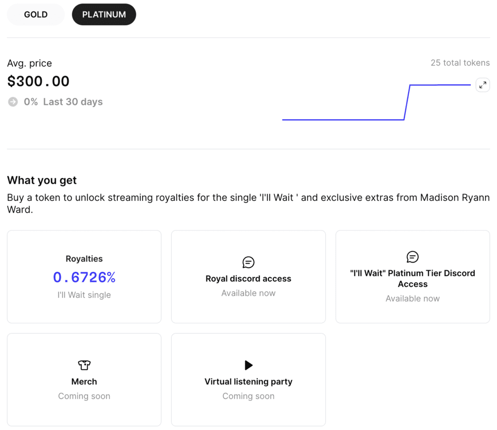 A screenshot showing the price and what you get section for a Platinum music NFT token on the Royal platform.