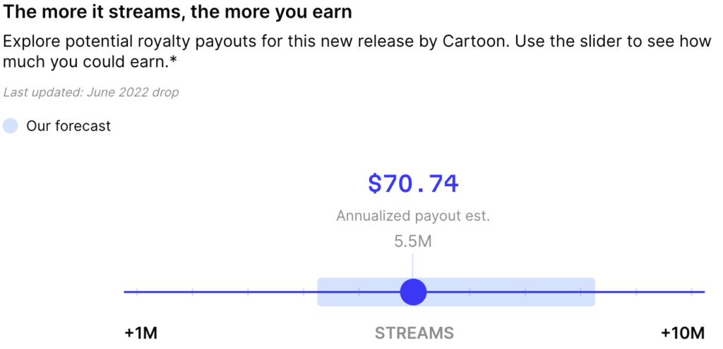 Depicts an interactive slider. It can be moved to set a number of streams to see what the estimated payout was.
