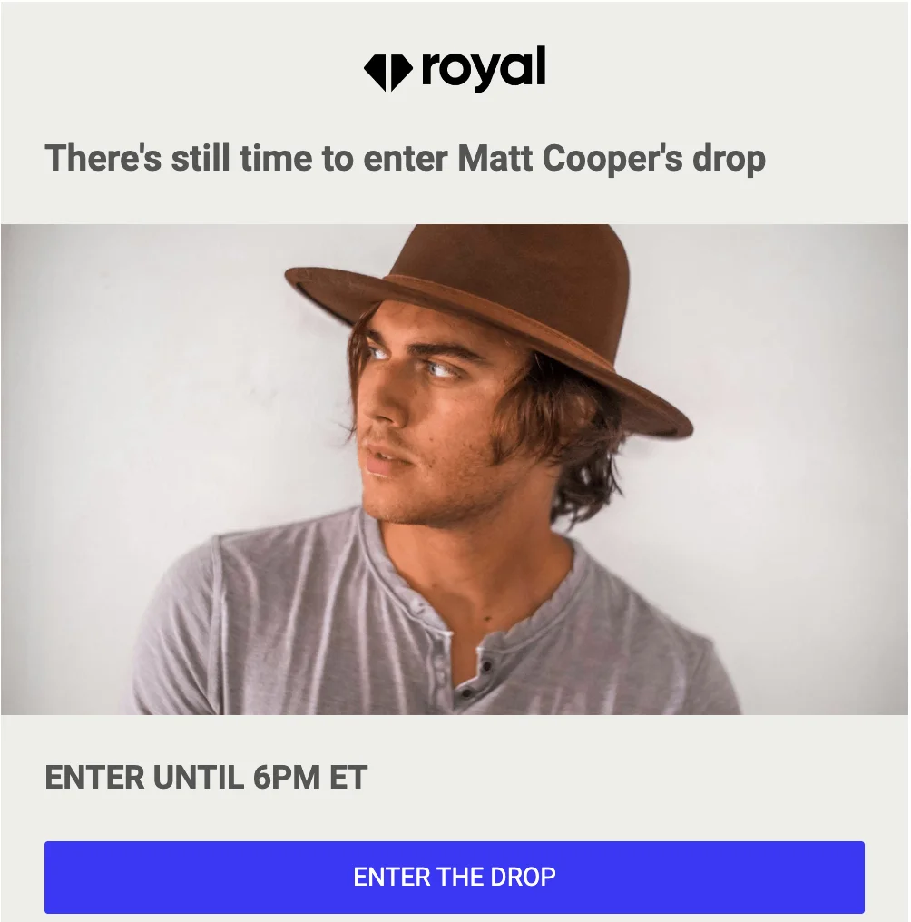Royal Platform - New Drop Available Notification Example | Asset Scholar A screenshot showing an excerpt from an email message advertising a new Royal music NFT drop.