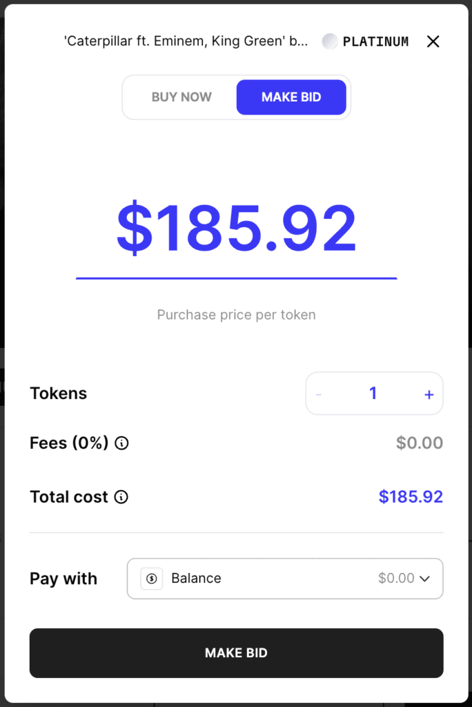 A screenshot showing the UI for submitting a "Make Bid" order on the Royal music NFT secondary marketplace. Taken from the Royal platform.