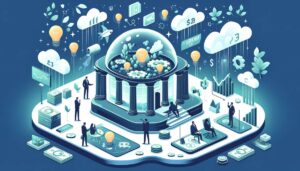 People standing around an abstract building surrounded by symbols of ideas and finance. Represents Groundfloor Labs