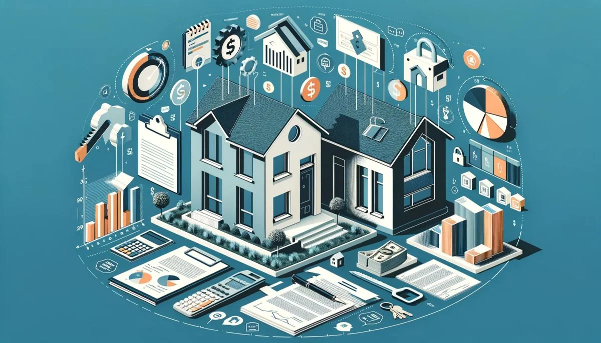 Depicts single family homes among various financial symbols. Represents Groundfloor real estate investing platform.