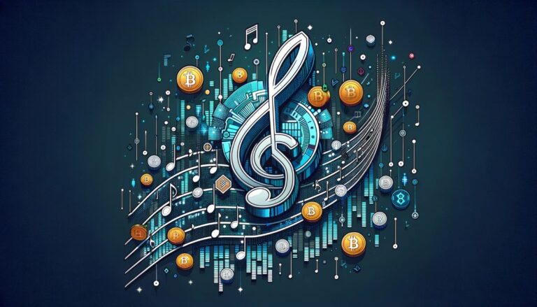 Depicts a music symbol amid crypto and finance symbols. Represents Royal music NFT platform.