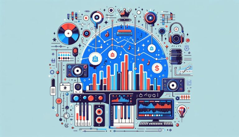 Depicts multiple 2D financial symbols along with music symbols. Represents a songshare analysis.