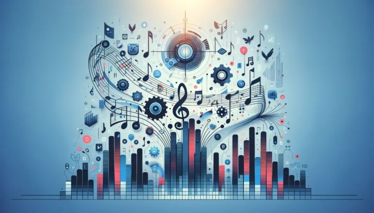 Depicts musical symbols among financial symbols. Represents SongVest