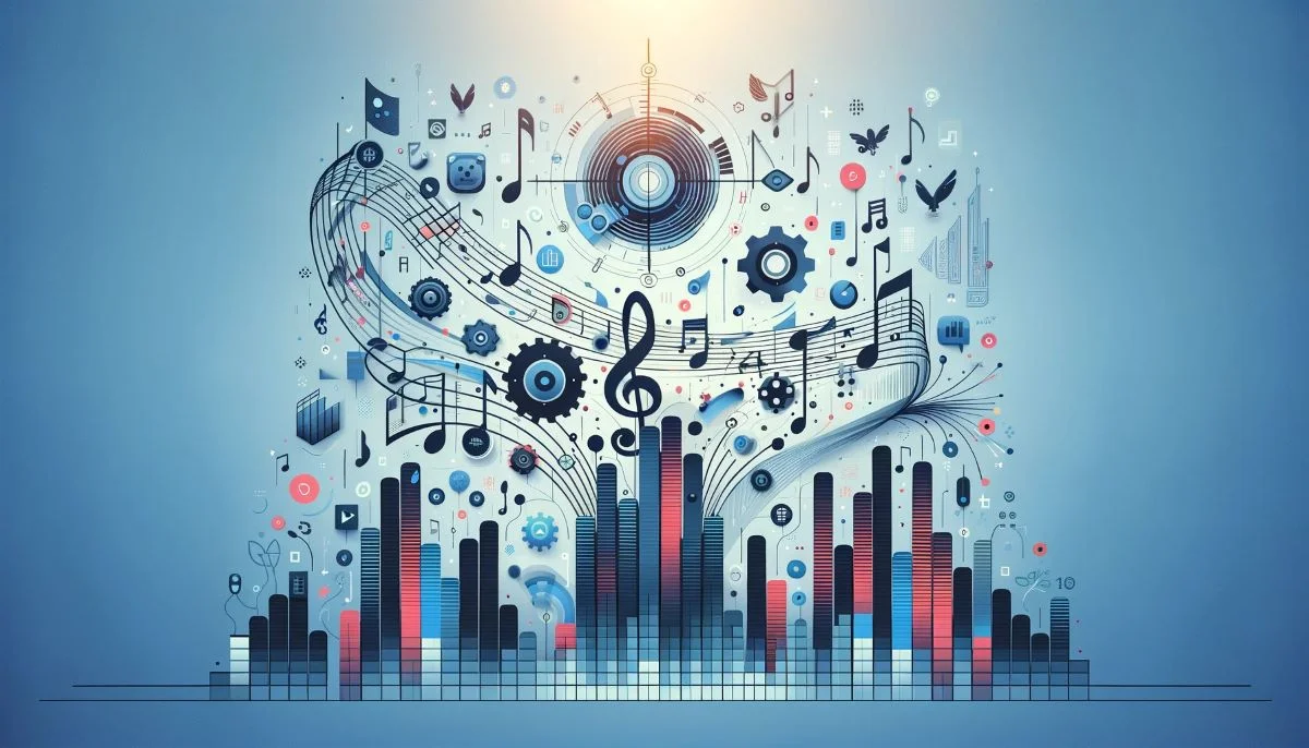 Depicts musical symbols among financial symbols. Represents SongVest