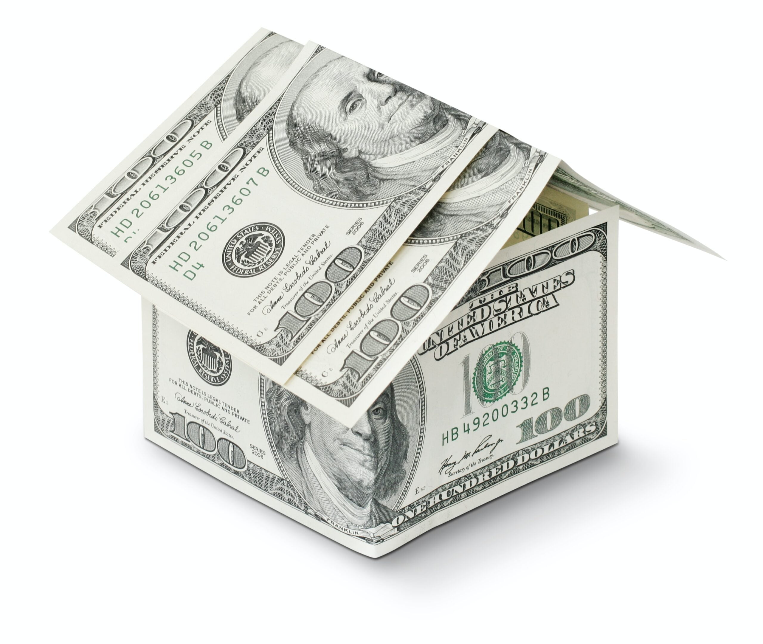 A simple house structure made made out of $100 bills. Cover image for an article covering groundfloor, groundfloor labs, ground floor notes, groundfloor real estate, and groundfloor investing.