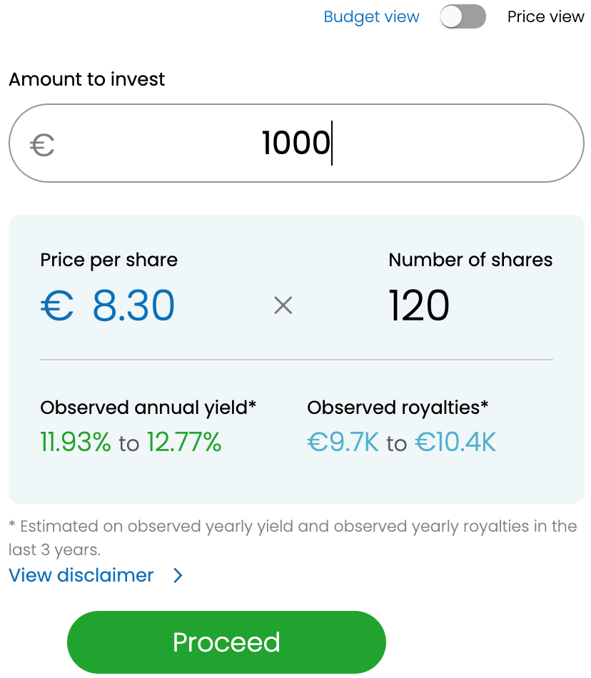 Depicts a purchasing UI showing a €1000 purchase being automatically divided into a target number of shares. Taken from the ANote Music investing platform.
