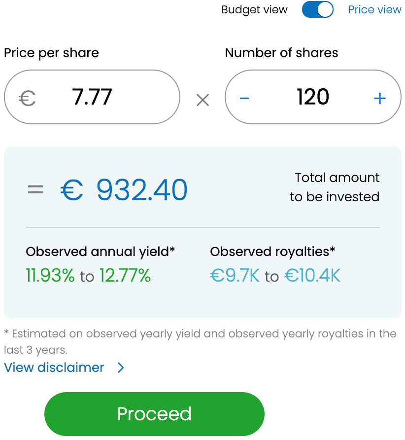 Depicts a purchasing UI showing a target purchase price and number of shares being manually set. Taken from the ANote Music investing platform.