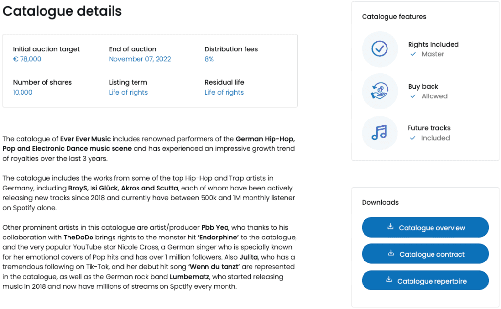 Depicts a textual description of the asset, in addition to some metrics and key features of the catalog. Taken from the ANote Music platform.