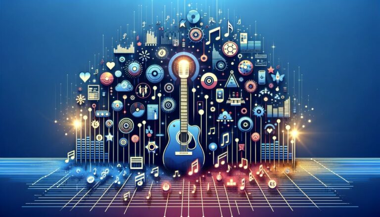 Depicts a guitar among finance, music, and blockchain symbols. Represents ANote Music.