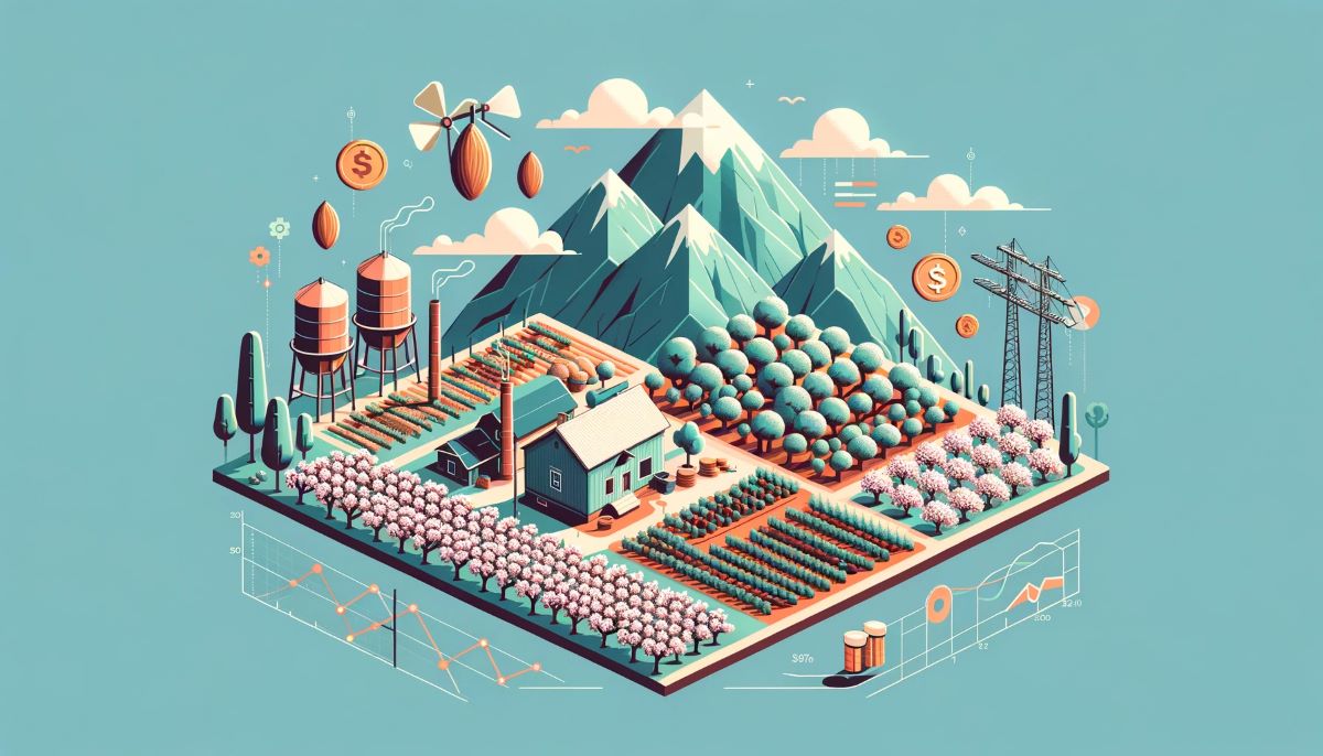 A 2D diorama of an abstract farm by mountains. Represents FarmTogether.