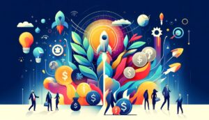 Various finance, investing, and growth symbols among people. Represents the Fundrise Innovation Fund.