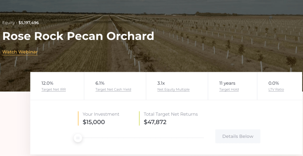 Depicts the landing view of a FarmTogether crowdfunded offering. Shows offering name, raise amount, financial details, and a link to watch the webinar.