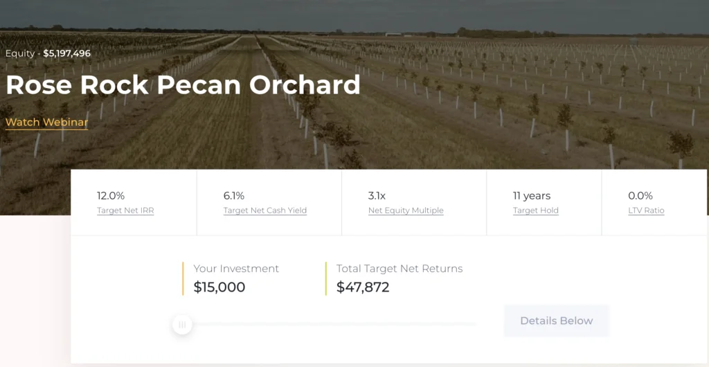 FarmTogether - Offering Landing Screen | Asset Scholar Depicts the landing view of a FarmTogether crowdfunded offering. Shows offering name, raise amount, financial details, and a link to watch the webinar.
