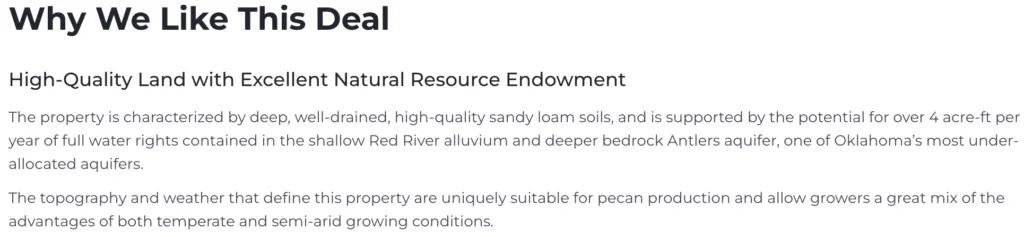 FarmTogether Overview - Why We Like This Deal | Asset Scholar Depicts a written description for one reason the FarmTogether team likes a particular deal.