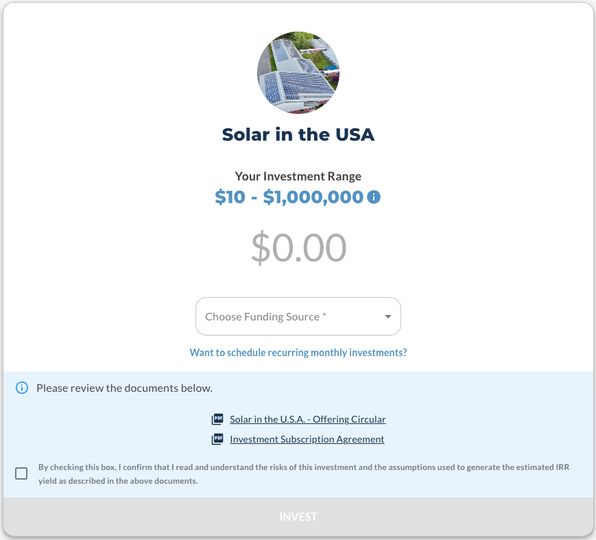 A screenshot from the Energea website depicting one of the steps for making an investment on the platform.