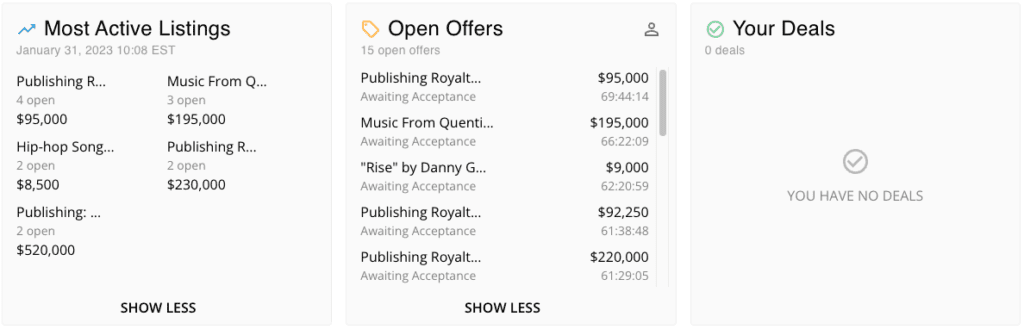 Depicts several tables from the eXchange showing information about bidding activity on Royalty Exchange.