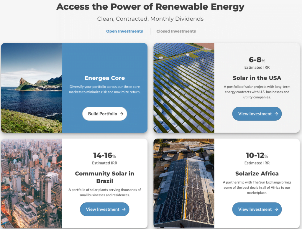 Depicts the open offerings page from the Energea website.