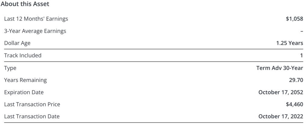 Depicts a table listing key properties of a music royalty asset listed on Royalty Exchange.