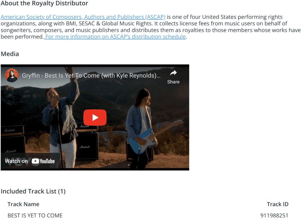 Depicts a textual summary of the royalty distributor and list of songs included in the asset. Royalty Exchange also includes embedded YouTube videos of official music videos from songs in the catalog.