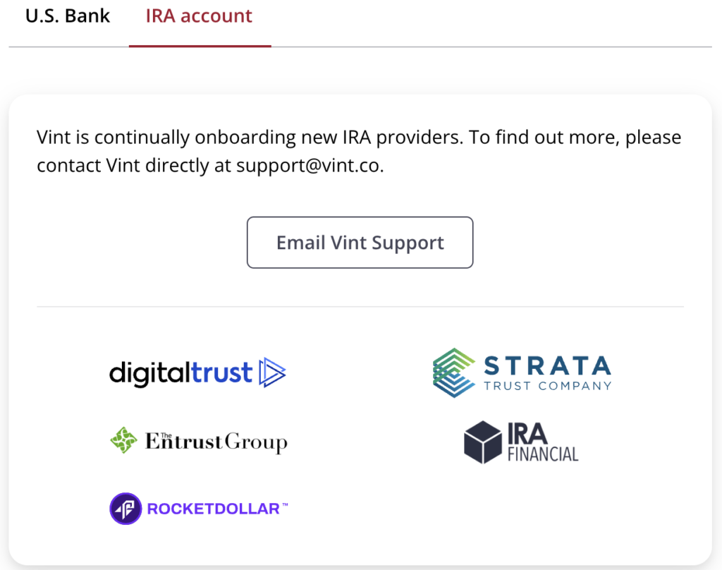 Depicts a list of self directed IRA accounts that can be used as a payment method for Vint. 
