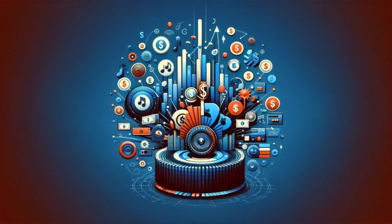 Depicts a speaker and several financial and musical symbols. Represents Royalty Exchange.