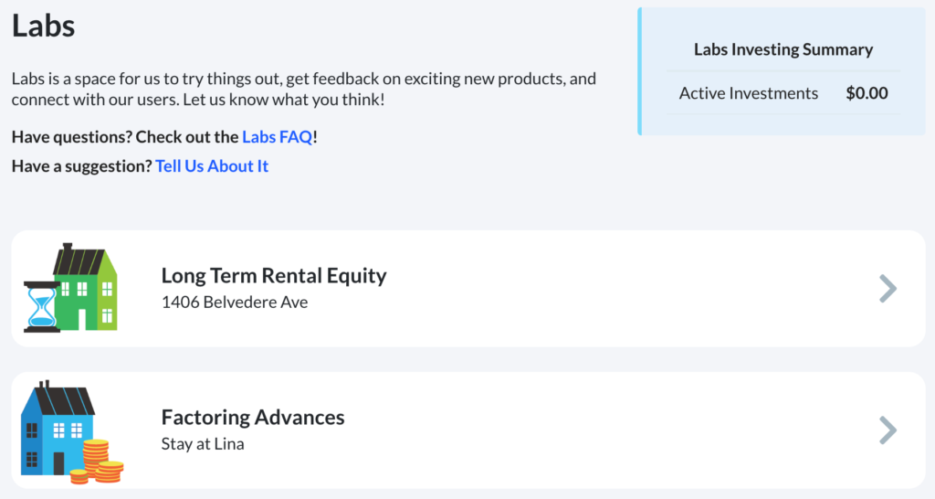 Depicts a list of available investment categories on Groundfloor Labs. The opportunity name and Lab type are shown.