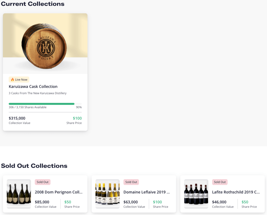 Depicts a list of wine and whiskey assets that have been offered for investment on Vint.