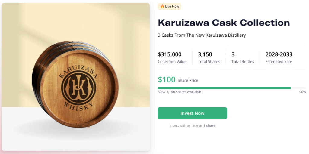 Depicts a photo of a whiskey barrel next to a table of information. This is summary information of a whiskey listing on Vint.