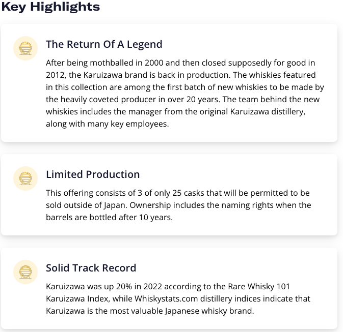 Depicts several textual paragraphs outlining key highlights of an investment thesis for a whiskey asset on the Vint platform.