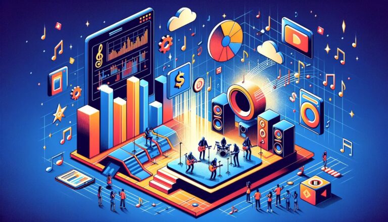 A band playing in an abstract environment with music and finance symbols.