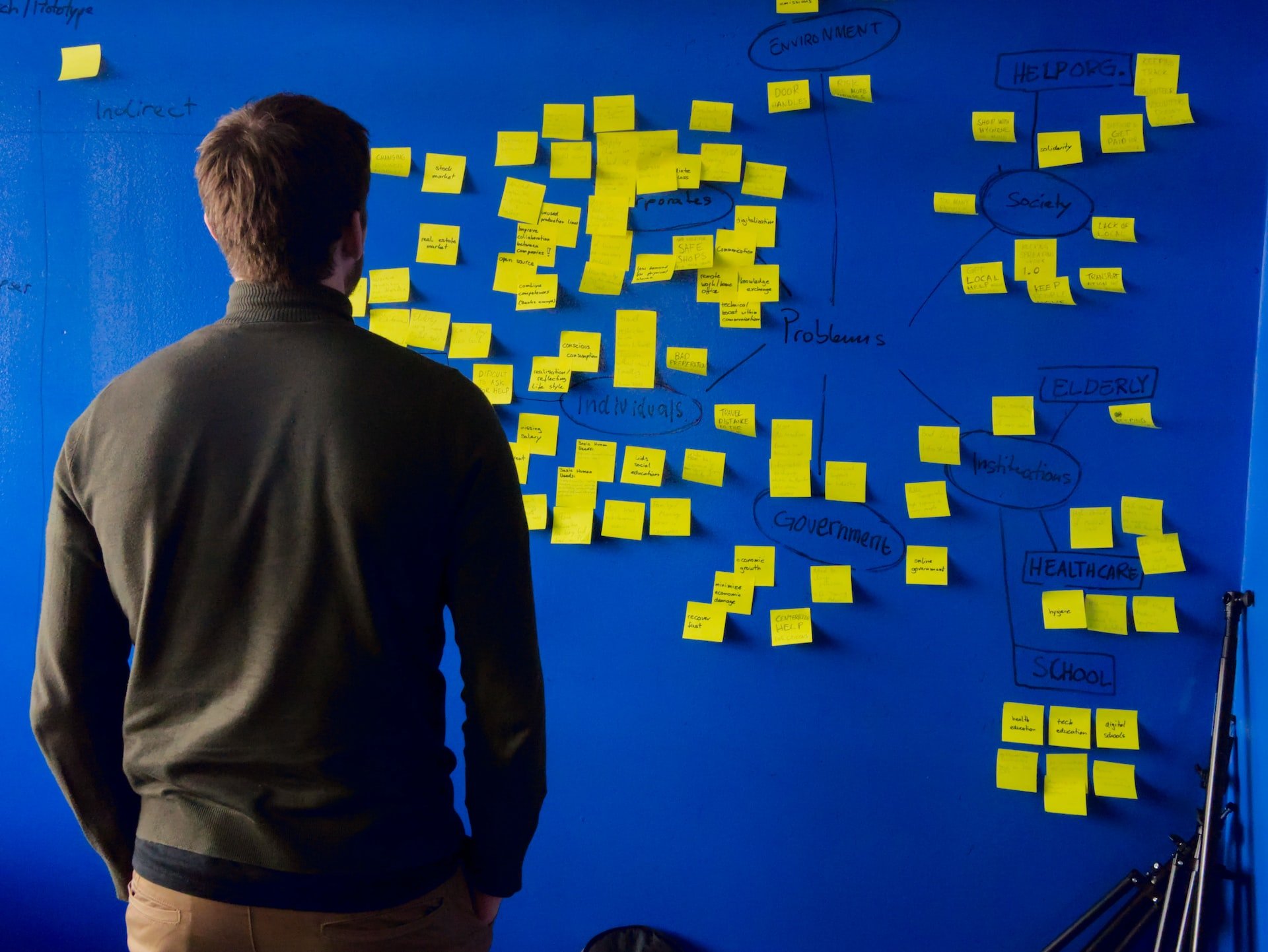 Depicts a man staring at a board filled with sticky notes from a brainstorming session. Used as a cover image for an article on StartEngine alternatives.