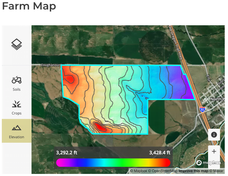 Depicts the Acres tool showing the different elevation levels across a parcel of land from an offering on the AcreTrader farmland investing platform.
