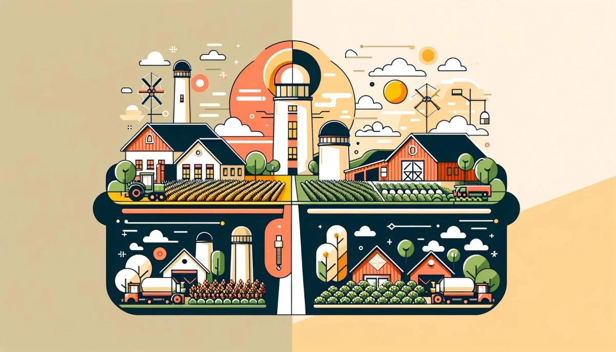 Depicts two rival farms next to each other. Represents AcreTrader vs FarmTogether.