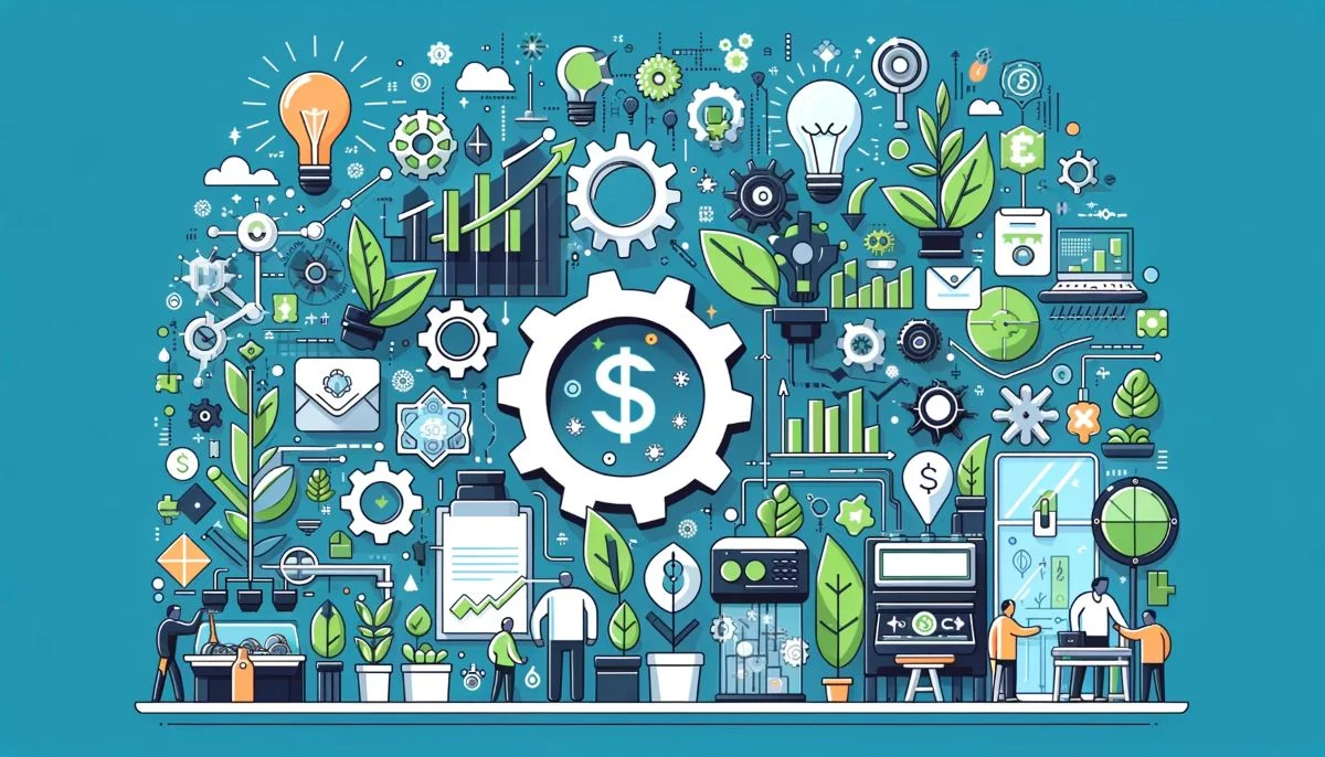 Depicts a collage of financial, growth, and investing symbols with a plant motif. Represents SeedInvest.