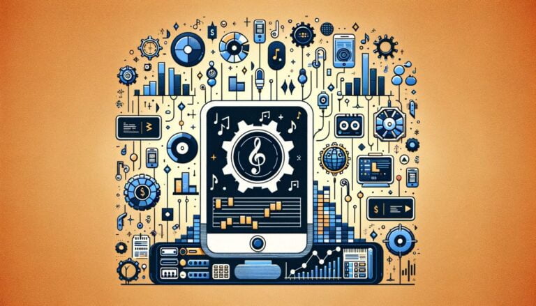 A smartphone displaying music symbols among floating finance and music symbols. Represents sliceNote leaving beta.