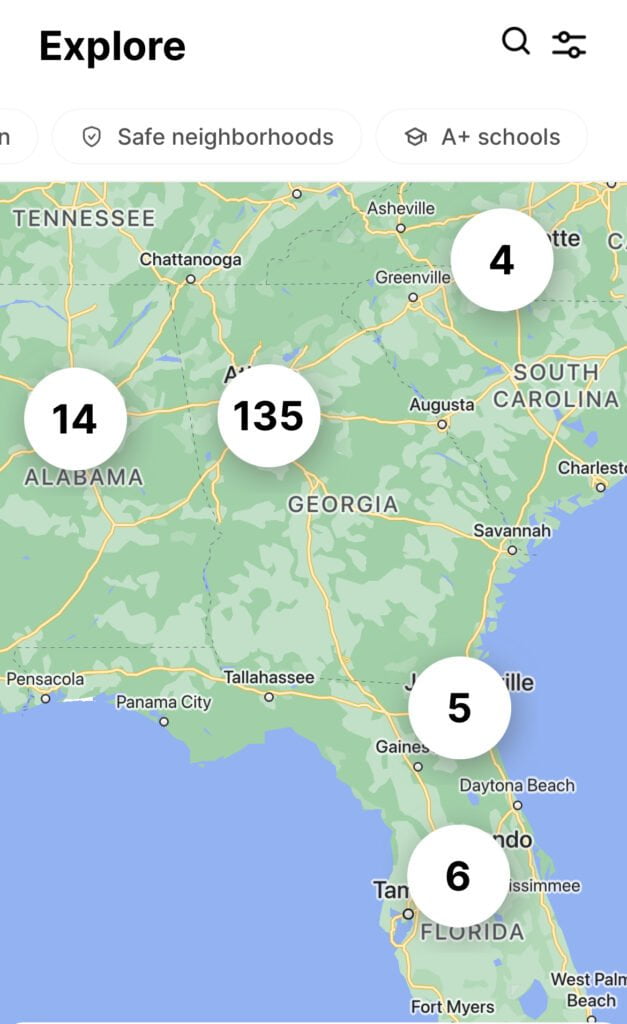 Depicts a portion of the US map with the number of Landa properties available in each region.