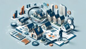 Several houses arranged in a row, a magnify glass focuses on two amid financial and data symbols. Represents modeling Arrived Home's real estate returns.