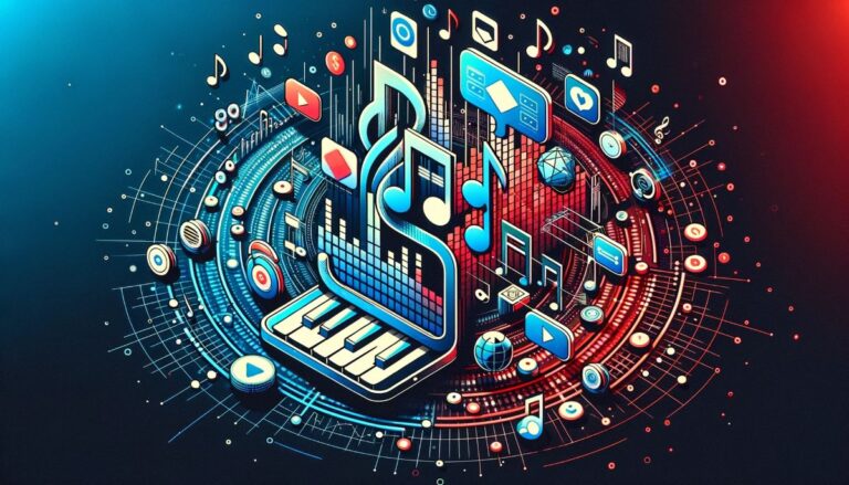 A small keyboard with social, financial, and music symbols.