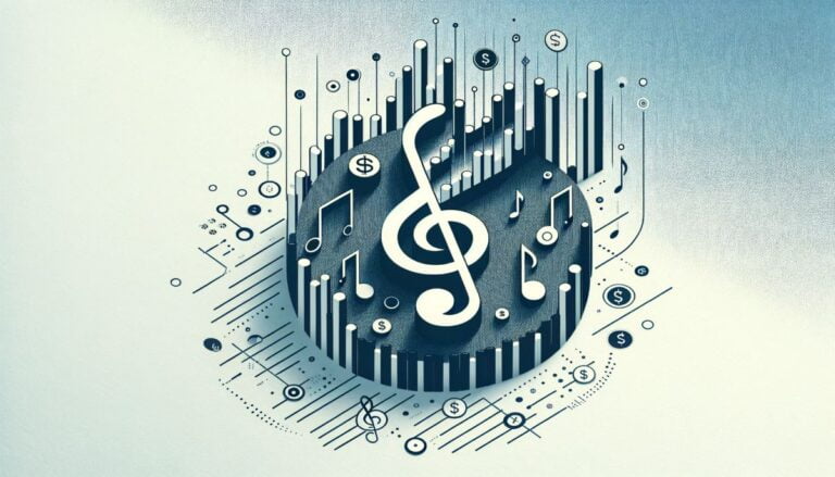 An abstract rendering of how to value music royalties, using a composition of musical, data, and financial symbols.