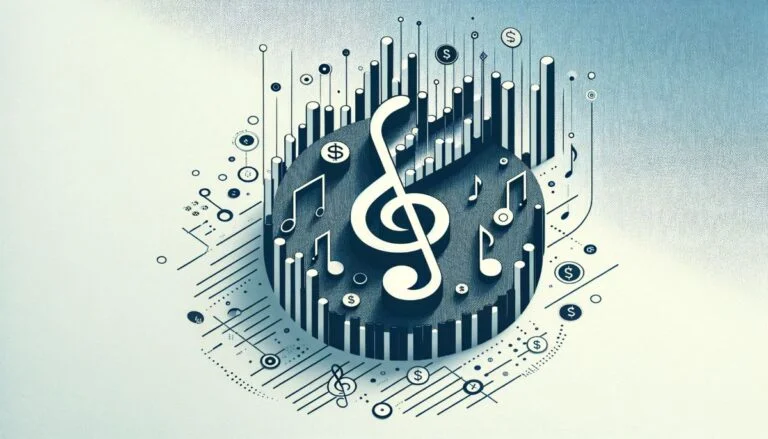 An abstract rendering of how to value music royalties, using a composition of musical, data, and financial symbols.