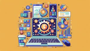 Passive income investments at work. Gears, robots, and money symbols displayed on different screens.