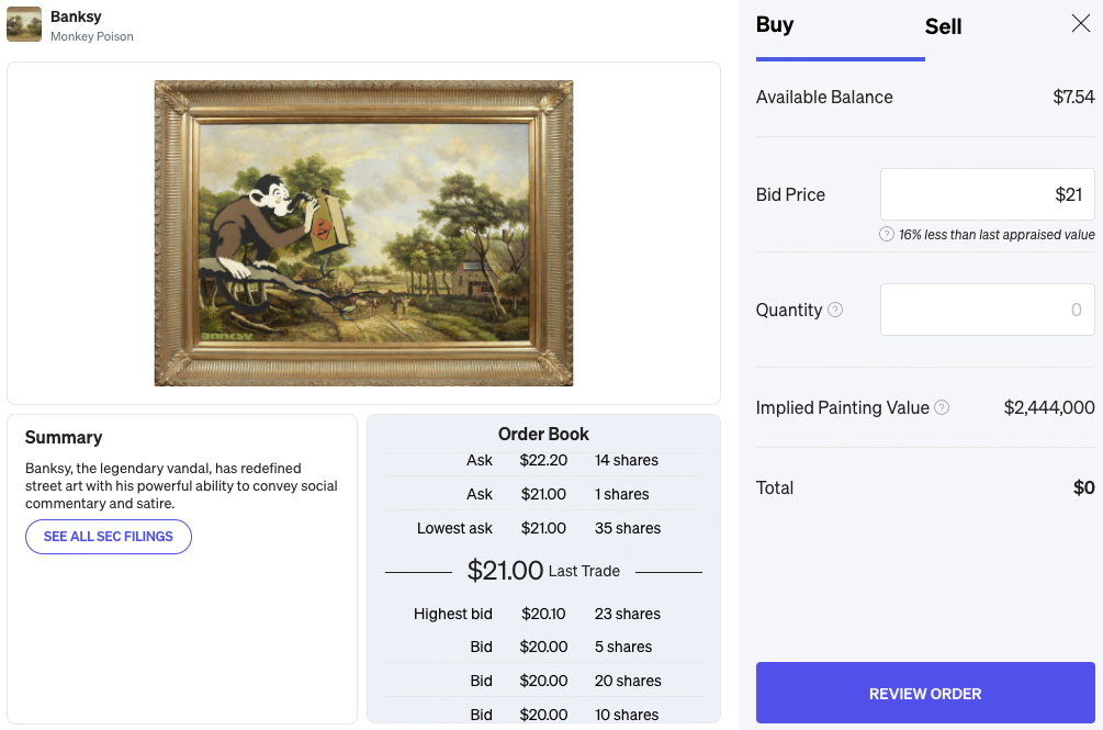 Depicts a photo showing a contemporary artwork, a table of the order book, and various inputs to submit an investment.