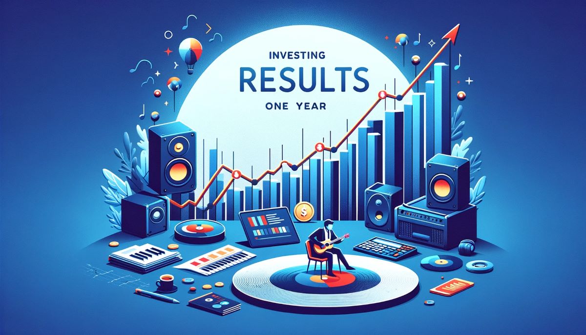 Depicts a musician in front of a graph. Represents my results investing on SongVest.