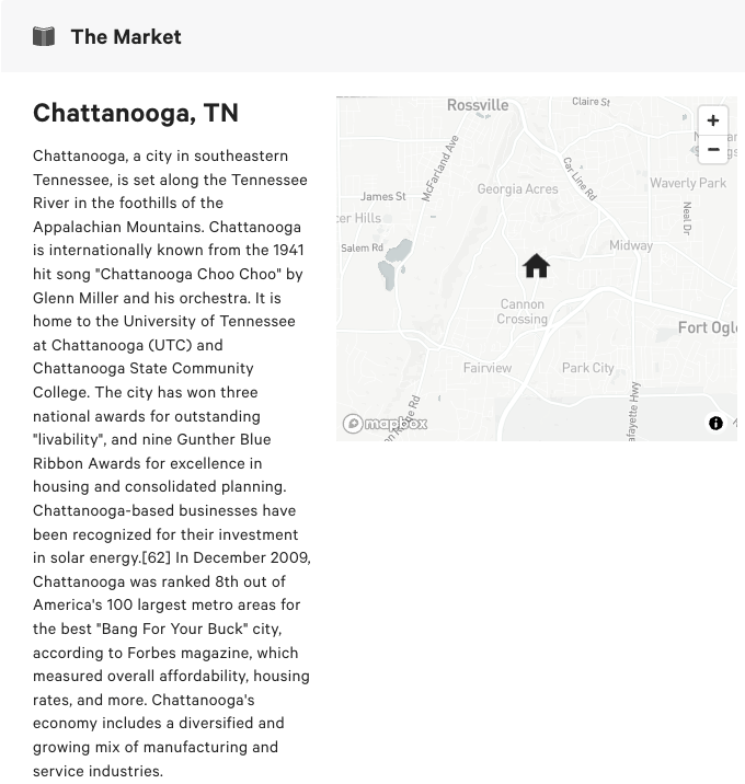Depicts an investment property on a map with textual information about the Chattanooga MSA. 