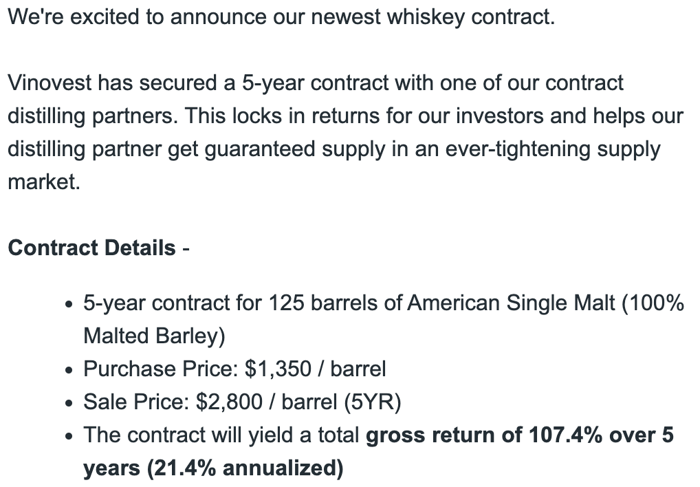 Depicts an email sent from Vinovest. It details a whiskey contract they secured.