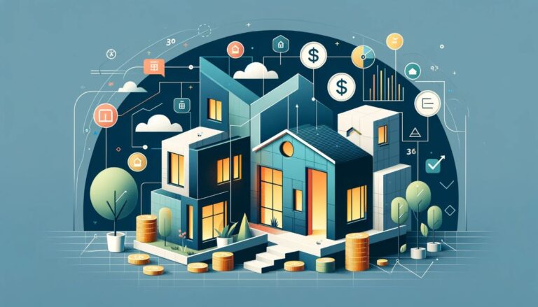 Depicts several abstract houses and financial symbols. Represents Arrived Homes.